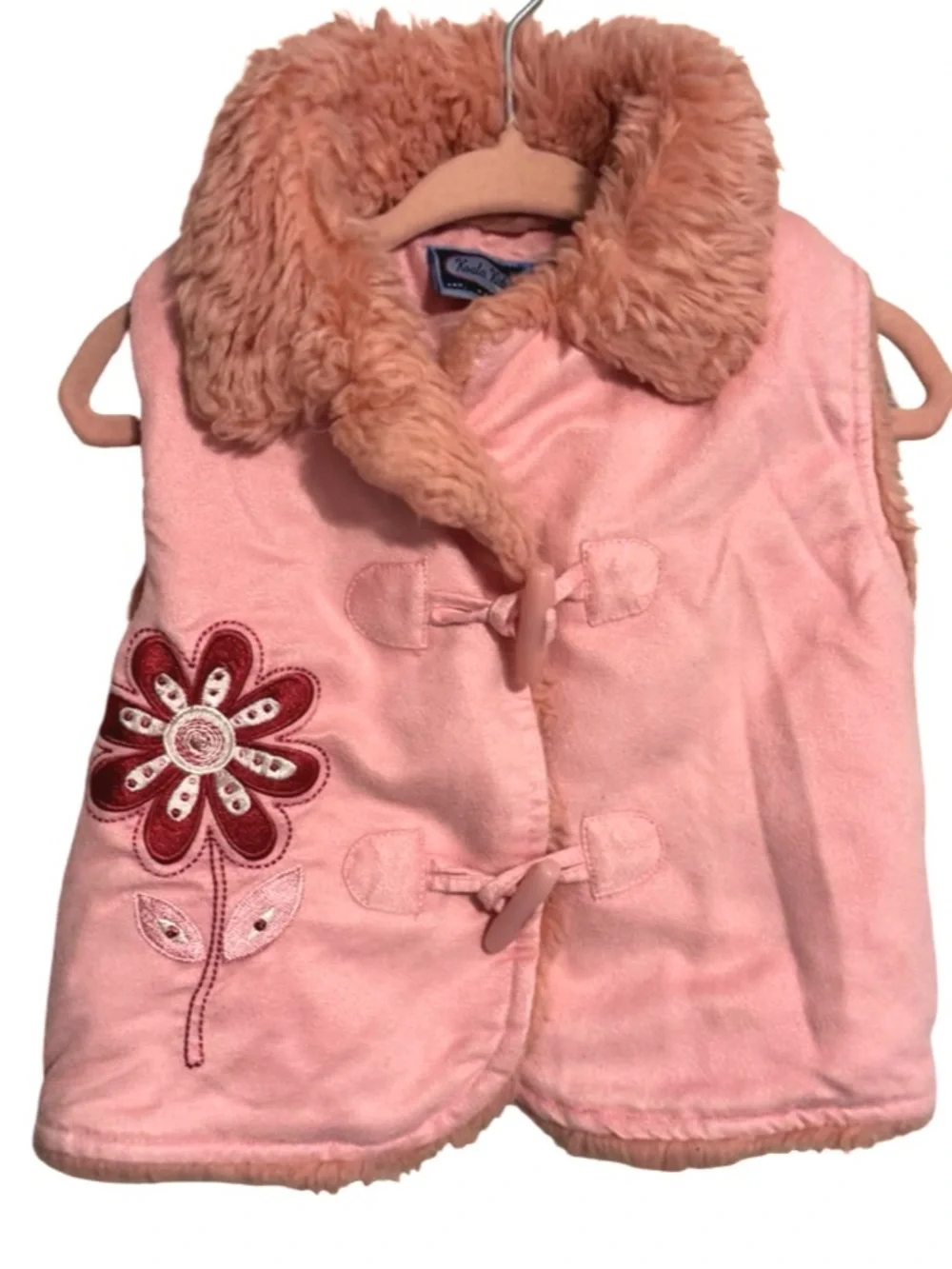 Koala Kids Pink Faux Fur Embroidered Flower Vest Baby Girls 12M Y2K Style